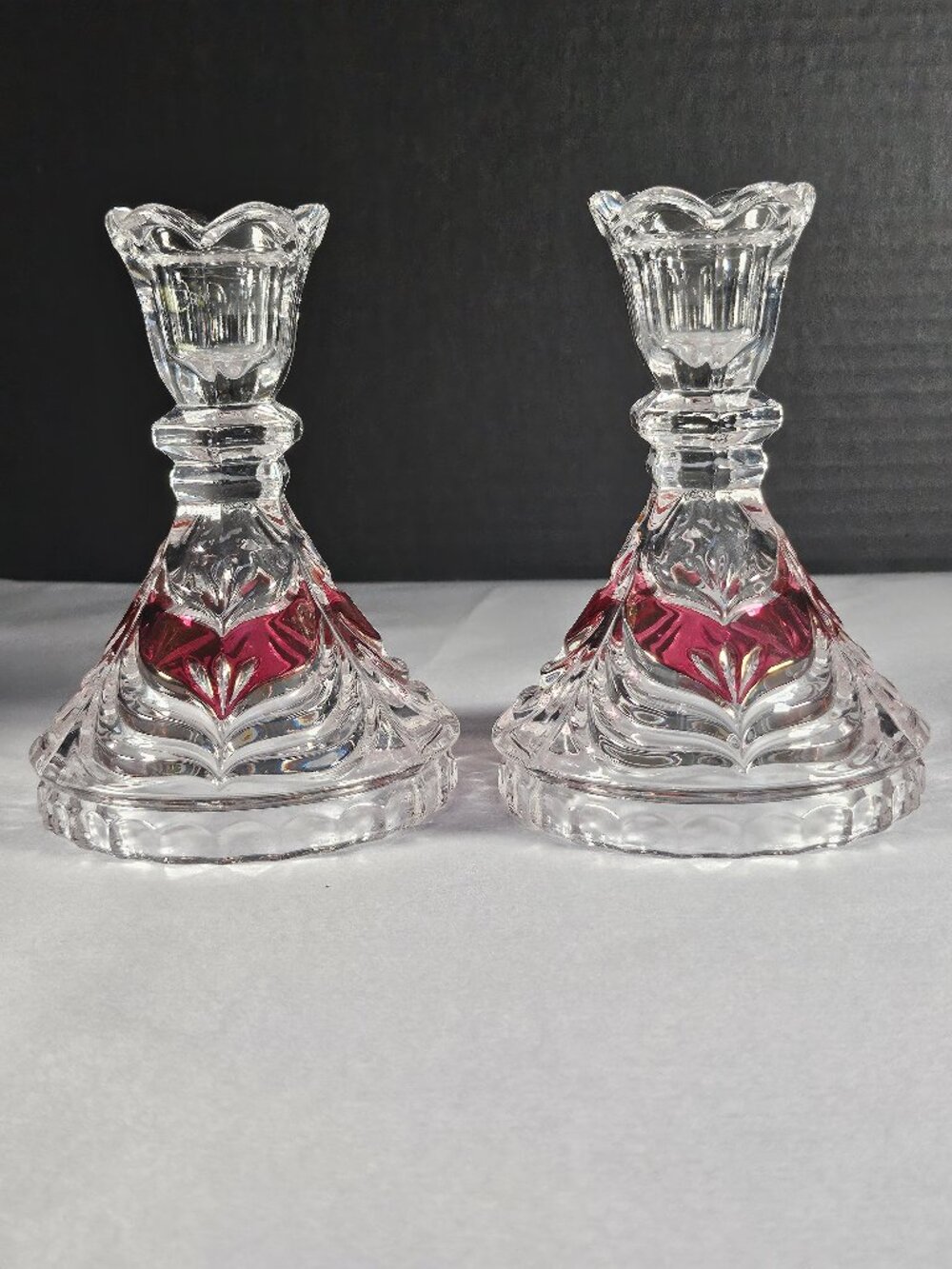 Anna Hutte Bleikristall 24% Lead Crystal Candlestick Holders With Red Flash